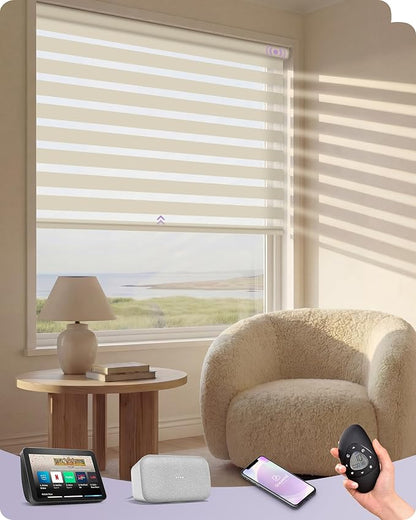 Graywind Motorized Zebra Sheer Blinds Compatible with Alexa Google Light Filtering Remote Horizontal Roller Blinds with Valance for Smart Home Office, Custom Size (Wool-Like Beige)