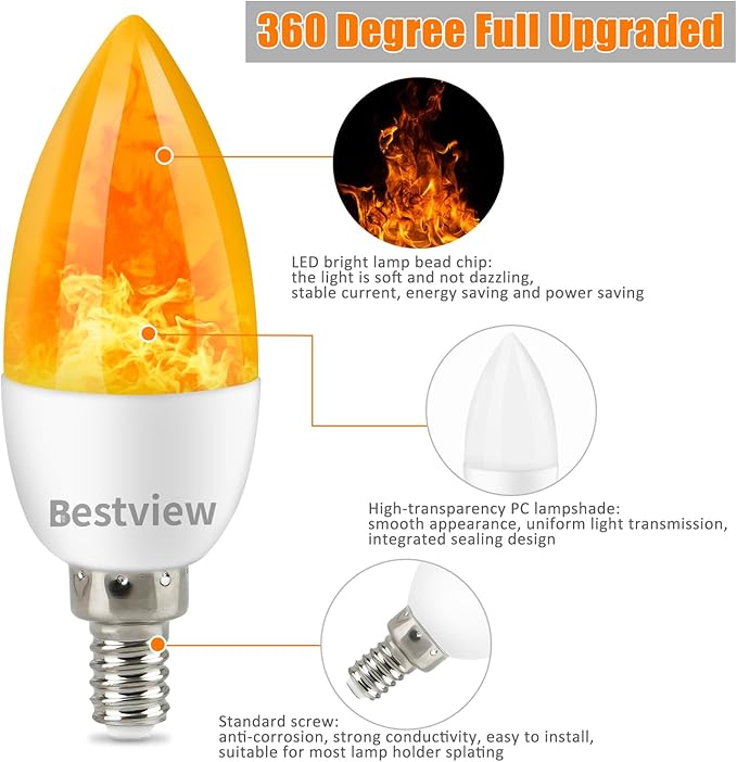 Bestview Flickering Light Bulbs,3 Modes Led Flame Effect Light Bulb, Smart E12 Chandelier Base Candle Fire Light Bulb for Halloween, Christmas,Party, Porch, Indoor&Outdoor Home Decoration -6 Pack