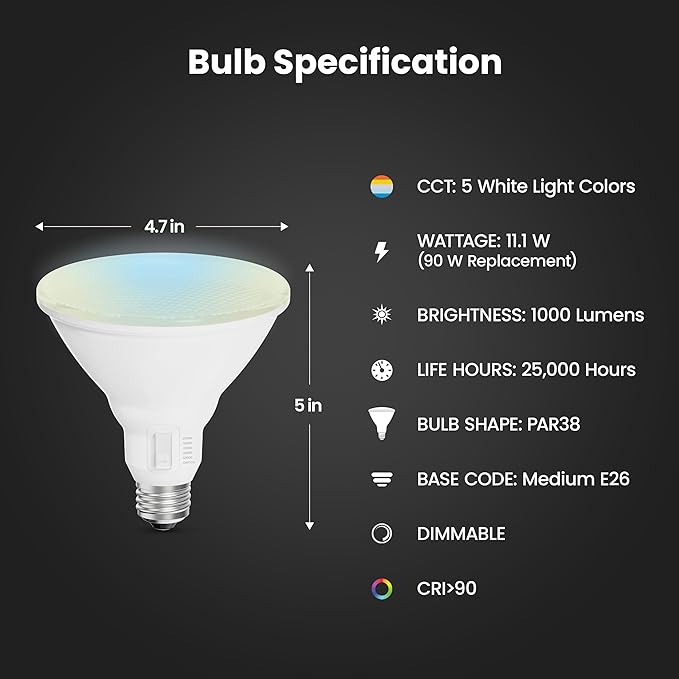 Feit Electric LED Reflector Light Bulb, Dimmable, Adjustable White 2700K–5000K, High CRI, Enhance Series, 25,000-Hour Lifetime, Indoor/Outdoor Use, 90-Watt LED