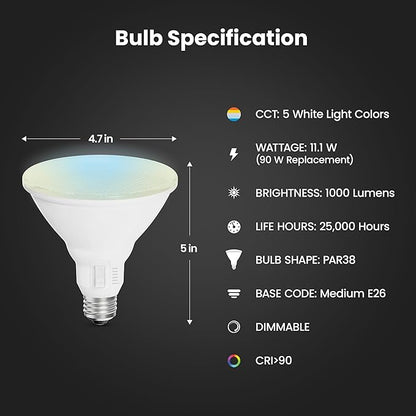 Feit Electric LED Reflector Light Bulb, Dimmable, Adjustable White 2700K–5000K, High CRI, Enhance Series, 25,000-Hour Lifetime, Indoor/Outdoor Use, 90-Watt LED