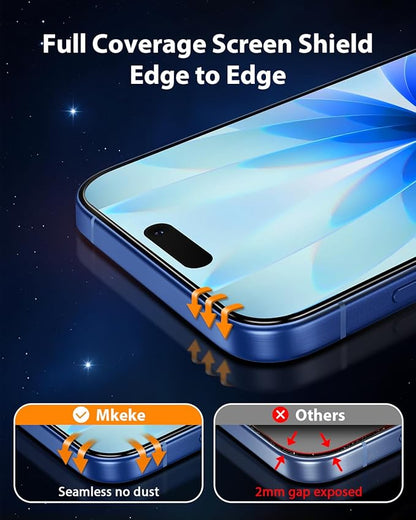 Mkeke for iPhone 17 Screen Protector 3 Pack, [9H+ Hardness] [Military-Grade Drop Protection] [Sensitive Touch] [Easy Installation] [HD Clear] Full Edge Coverage Tempered Glass