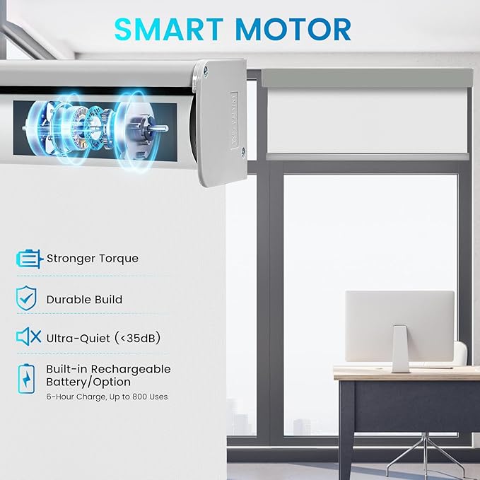 Motorized 100% Blackout Roller Shades – Custom Smart Blinds with Remote Control, Rechargeable Battery or Plug-in Motor, Tuya WiFi Optional, Home & Office Automatic Window Shades (Ash White/CH9391)