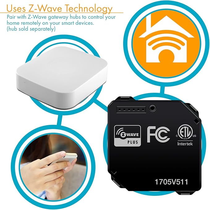 Z-Wave Plus Relay, Hidden Smart Switch Wireless Remote Control to Lights and Ceiling Fans, 120-277VAC, 10A, Neutral Wire Required, ZWN-RSM1-PLUS, Black, 2-Pack