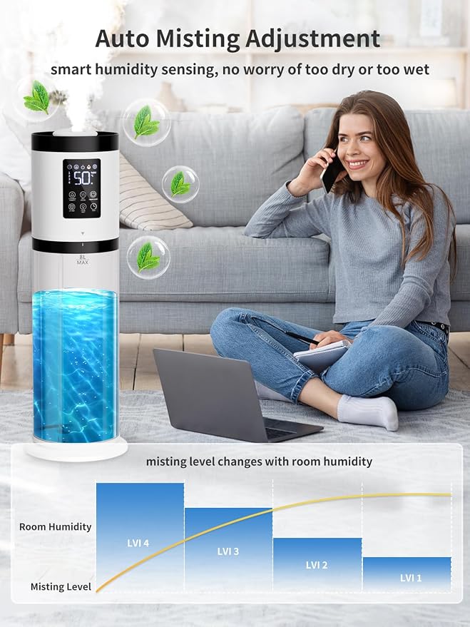 8L Humidifiers for Bedroom, 30dB Quiet, 500ft² Coverage, 60H Runtime