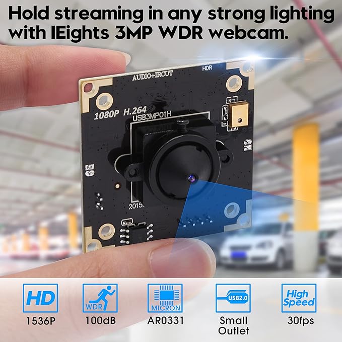 ELP USB Camera WDR H.264 3megapixel 1536p Camera Module for Computer,3mp AR0331 Camera Module with Microphone Mini UVC USB2.0 Webcam Board,WDR 100db 3.7mm Pinhole Hidden USB Camera Module for Most OS