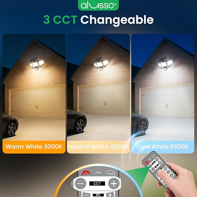 ALUSSO Solar Lights Outdoor Motion Sensor 400LM, LED Security Lights with Remote, 3 Modes (Dusk to Dawn/Auto/On Time), CCT 3000K-6500K Waterproof Flood Light for Garden Yard Garage, 1 Pc Black