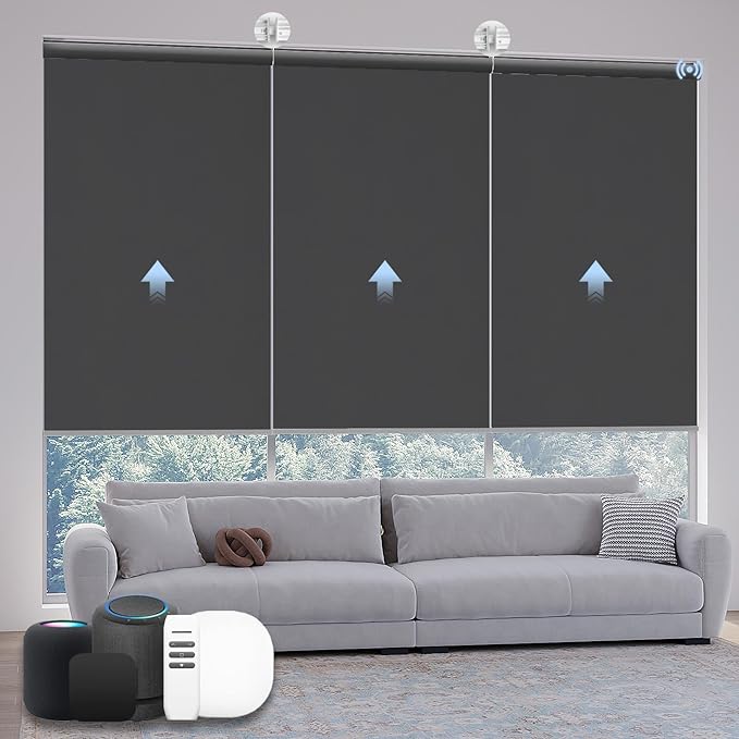 Motorized Coupled Shades, Blackout Smart Blinds for Large Windows Automatic Blinds Compatible with Alexa, Motorized Roller Shades Customized for Bedroom Home Office(Blackout-Fabric Dark Grey)