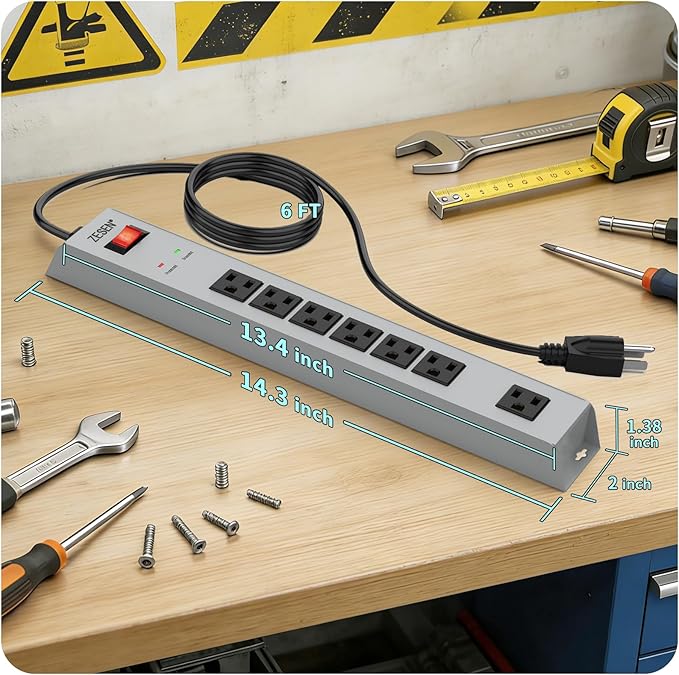 ZESEN 7 Outlet Metal Long Power Strip with Overload Protection & 1500J Surge Protection, 6ft Cord Wall Mounted Industrial Power Strip for Office Workshop Garage, ETL Listed(15A/1875W), Grey