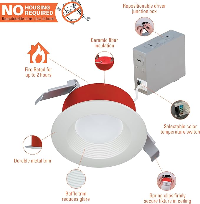 HALO RL Fire-Rated 4 in Canless LED Recessed Light Trim, Selectable 5CCT 2700K-5000K, 1000 Lumens, IC Rated, Wet Location, Dimmable,