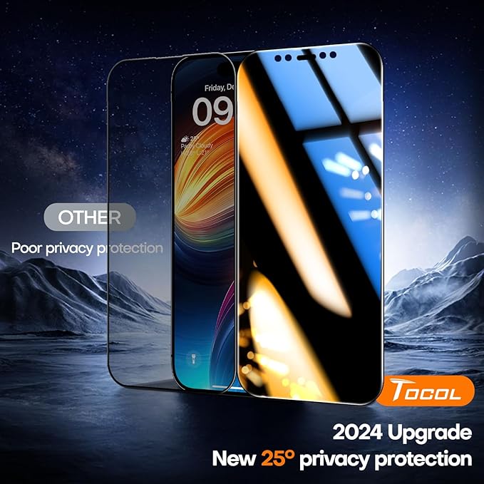 TOCOL Privacy Screen Protector for iPhone 12 Pro Max 9H Hardness Military Grade Shatterproof HD Tempered Glass Full Coverage Easy Installation 2 Pack