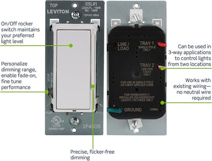 Leviton Decora Slide LED Advanced Dimmer Switch for 150W Dimmable LED, Halogen and Incandescent Bulbs and Fixtures, DSL01-LW, White