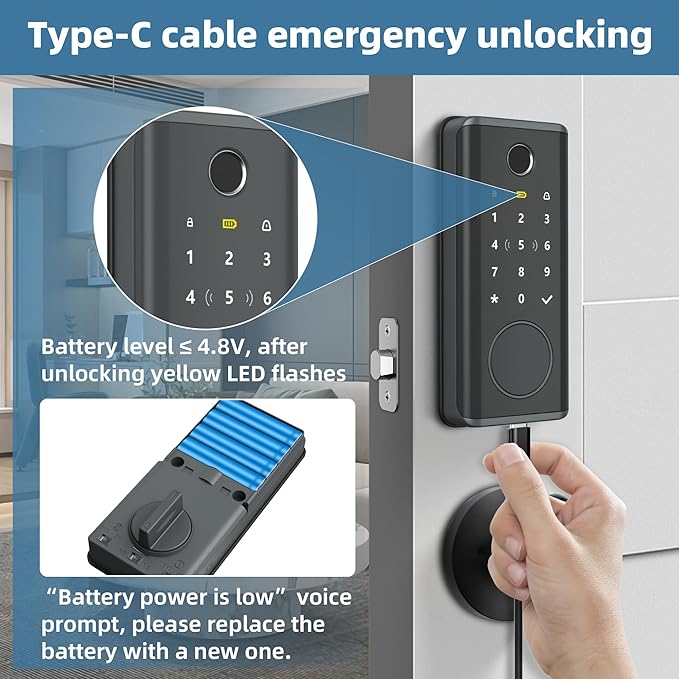 Smart Door Lock with Fingerprint & Keyless Entry, Tuya Smart Devices Compatible, Bluetooth Touchscreen Keypad, for Home Security & Smart House Automation, Easy Installation for Wood Doors