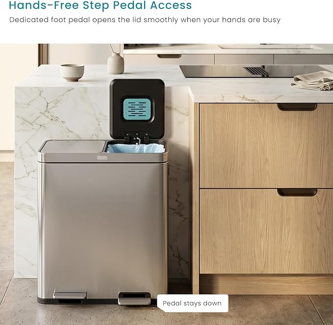 Home Zone Living 16 Gallon Kitchen Trash Can with Dual Compartments for Recycling, CleanAura Odor Control, Stainless Steel, Silver, 60 Liters Total