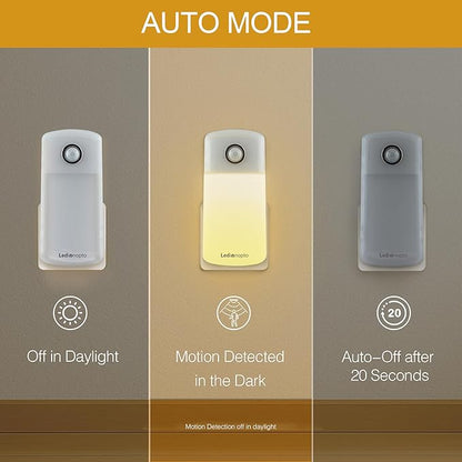 Night Light Plug into Wall with Motion Sensor, Auto On/Off, Portable with 3 Adjustable Modes, Nightlight for Kids, Nursery, Bedroom, Bathroom and Hallway (2 Pack)
