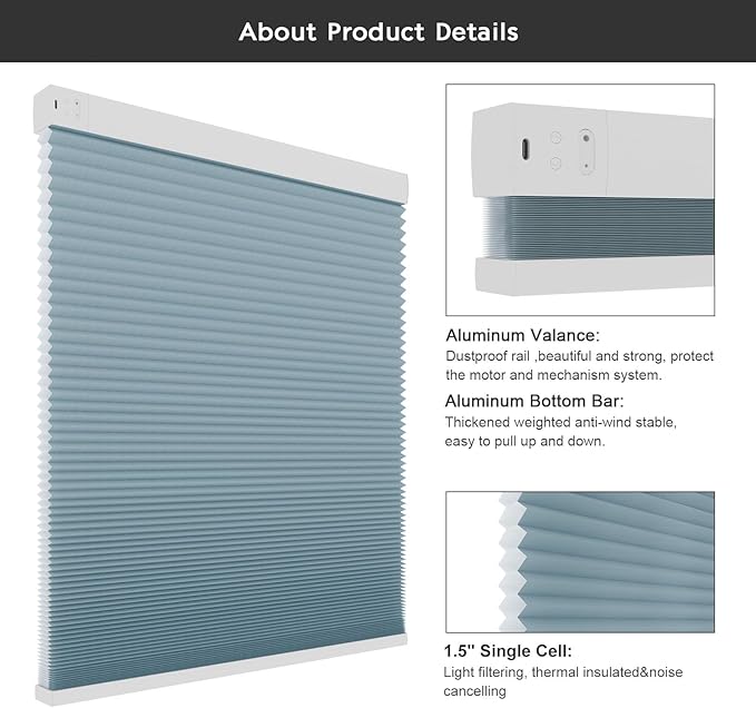 Changshade Smart Blinds Cellular Shades for Windows Doors Motorized with Remote Control, Custom Size Automatic Honeycomb Blind Electric Power Compatible with Alexa, Google Home, Light Filtering, Blue