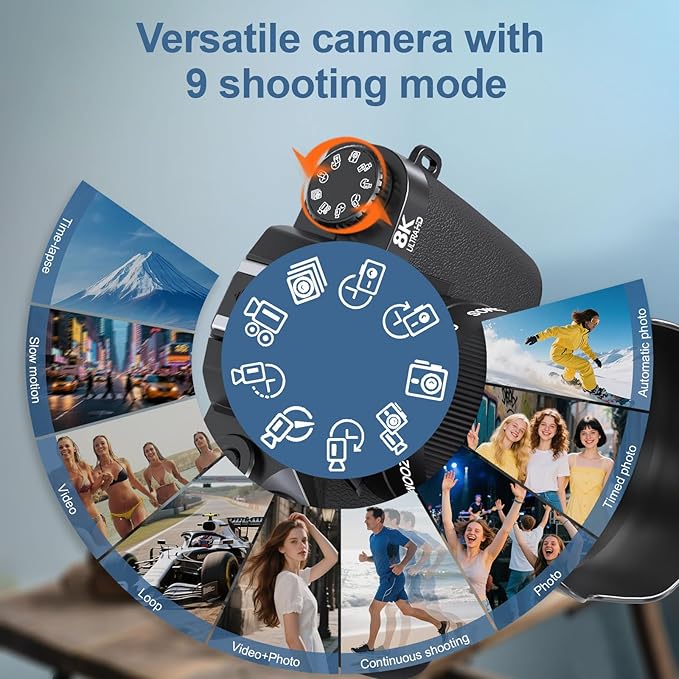 8K Digital Cameras for Photography, WiFi 64MP Vlogging Camera for YouTube, 4" Touch Screen Digital Camera with Dual Lens, Auto Focus, 16X Digital Zoom, 3000mAh Battery, 32GB Card, Black