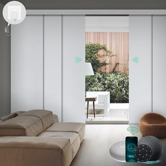 Yoolax Custom XL Smart Vertical Blinds, Motorized Sliding Door Blinds Compatible with Alexa, Blackout Sliding Panel for Room Divider, Indoor Windows, Patio Doors, Fabric-White