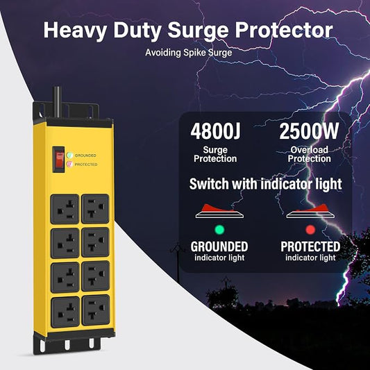 CCCEI 2PCS 12 Gauge Heavy Duty Power Strip, 8 Ports. Yellow, 15FT.