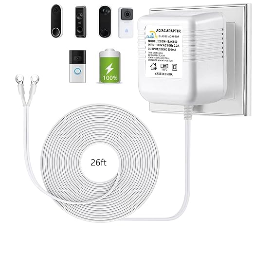 Video doorbell Special Power Transformer, 18V500MA Ring doorbell Power Adapter, Compatible with Ring, Nest, Eufy, Wyze, Arlo Wireless Video doorbell (with 315in Cable White)