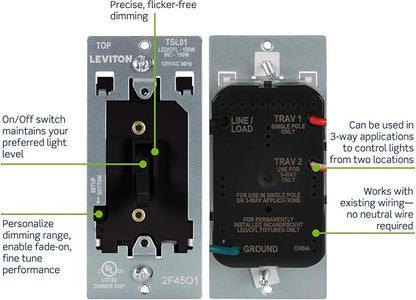 Leviton Toggle Slide LED Advanced Dimmer Switch for 150W Dimmable LED, Halogen and Incandescent Bulbs and Fixtures, TSL01-10E, Black
