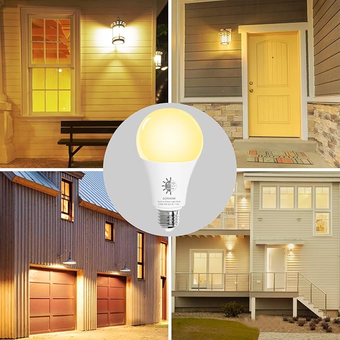 Gonhom 4 Pack Dusk to Dawn Light Bulbs Outdoor, 2700K Warm White, 720LM, 9W(60W Equivalent) A19 E26 Automatic On/Off LED Sensor Light Bulbs, Dusk to Dawn Outdoor Lighting for Porch Garage Patio