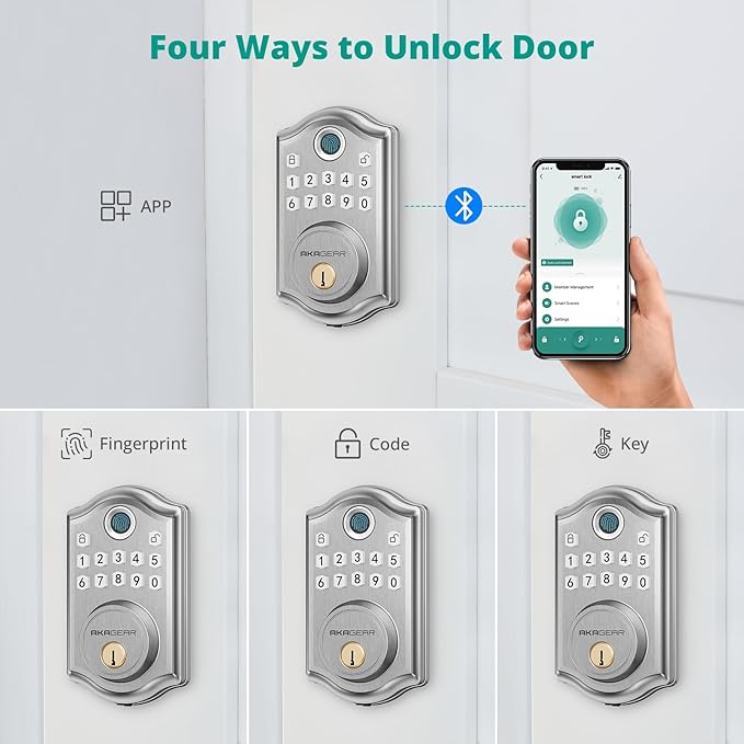 AkaGear DS10 Pro Keyless Entry Door Lock Deadbolt with Handle Set, Smart Front Door Locks Set, Electronic Keypad, Fingerprint Door Lock, Bluetooth, Auto-Lock, APP Control, Code Unlock, Satin Nickel