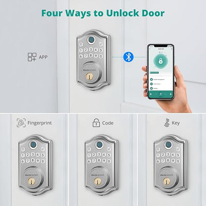 AkaGear DS10 Pro Keyless Entry Door Lock Deadbolt with Handle Set, Smart Front Door Locks Set, Electronic Keypad, Fingerprint Door Lock, Bluetooth, Auto-Lock, APP Control, Code Unlock, Satin Nickel