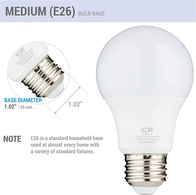 KOR 6 Pack A19 LED Light Bulb, 100W Equivalent, 4000K Cool White, 1500 Lumens, Efficient 15 Watt Replacement Bulbs with E26 Standard Base, 10000 Long Life Hours, Non-Dimmable, 80+ CRI, UL Listed