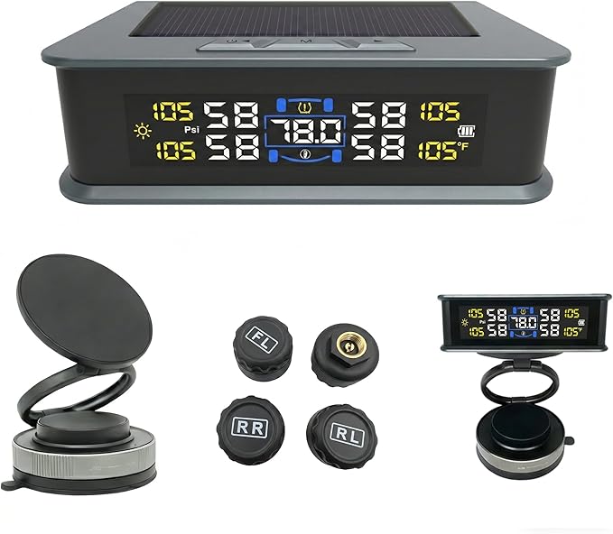 Tire Pressure Monitoring System with Magsafe Car Mount, Solar and USB Charger Tire Pressure Monitor with 4 External Sensors & 6 Alarm Modes, Real-time Wireless TPMS for Car Sedan SUV Pickup