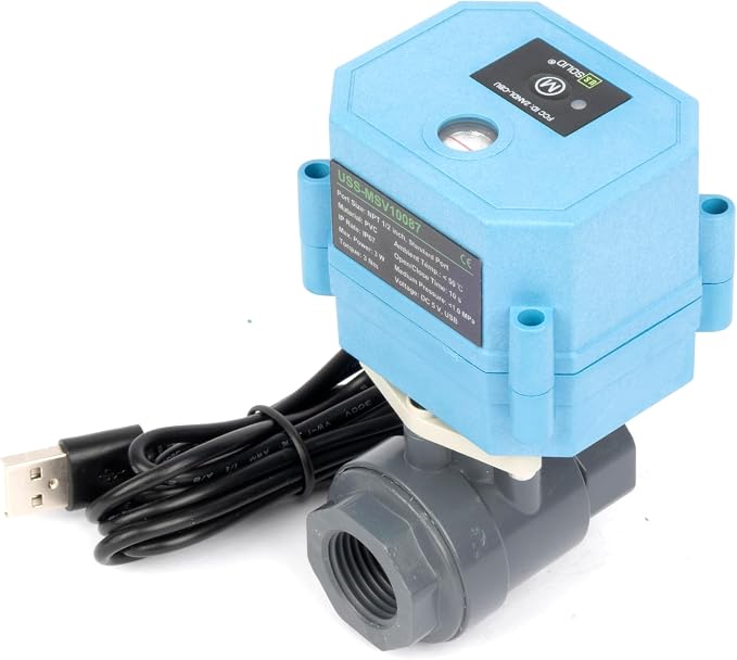 U.S. Solid WiFi Smart Motorized Ball Valve 1/2 in NPT, 2-Way PVC Electric Valve, USB Powered, LED Indicator, Remote On/Off for Water and Irrigation
