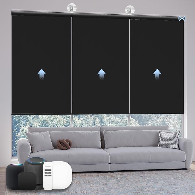 Motorized Coupled Shades, Blackout Smart Blinds for Large Windows Automatic Blinds Compatible with Alexa, Motorized Roller Shades Customized for Bedroom Home Office(Blackout-Fabric Black)
