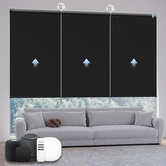 Motorized Coupled Shades, Blackout Smart Blinds for Large Windows Automatic Blinds Compatible with Alexa, Motorized Roller Shades Customized for Bedroom Home Office(Blackout-Fabric Black)