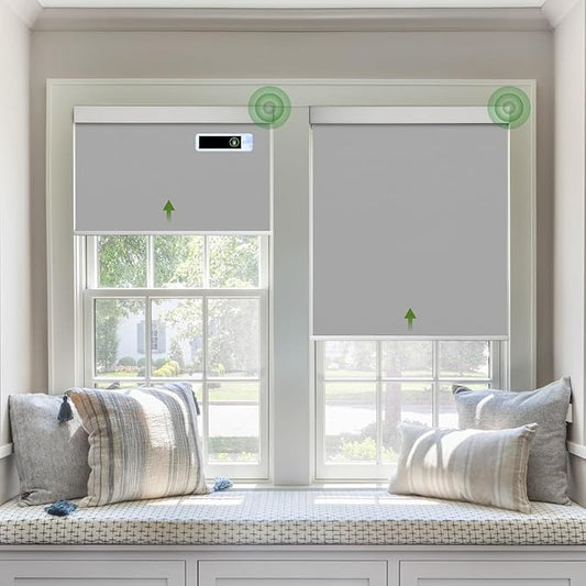 Motorized Blinds with Remote, Blackout Cooling Automatic Shades with Solar Panel Cordless Smart Blinds for Windows, Custom Electric Blinds Horizontal Roller Shades,Gray,55" W X 72" H