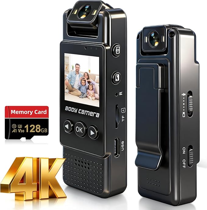 4k Mini Body Camera with Audio and Video Recording, 128GB Wearable Camera with 180° Rotating Lens, Chest Camera with Night Vision & 6-Hour Battery Life for Travel, Cycling, Work Security