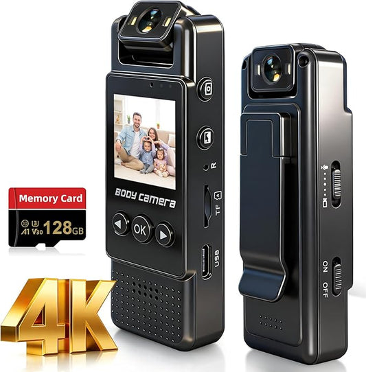 4k Mini Body Camera with Audio and Video Recording, 128GB Wearable Camera with 180° Rotating Lens, Chest Camera with Night Vision & 6-Hour Battery Life for Travel, Cycling, Work Security