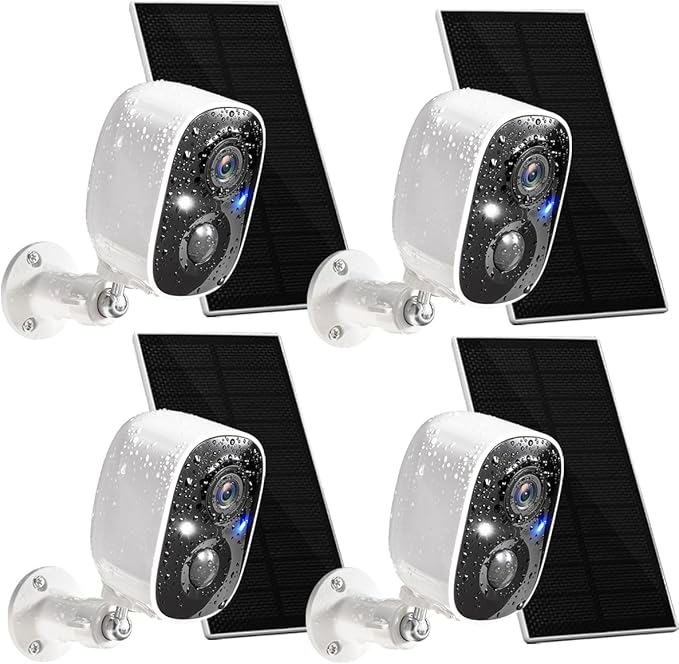 GMK Solar Security Cameras Wireless Outdoor 4 Pack, 2K Battery Powered Cameras for Home Security, Color Night Vision, Motion Detection, 2-Way Talk, IP65 Waterproof, Remote Access, Cloud/SD Storage