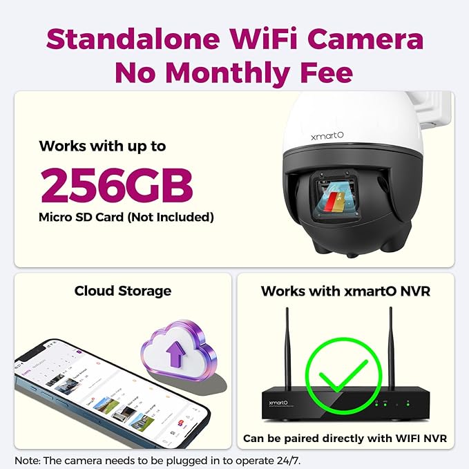 xmartO High-end 4K Wireless WiFi 6 PTZ Security Camera for Home & Business, 24/7 AI Tracking Surveillance, IR Night Vision & Flood Lights, 2-Way Audio Vandal-Proof Metal Dome CAM, View on Apps & NVR