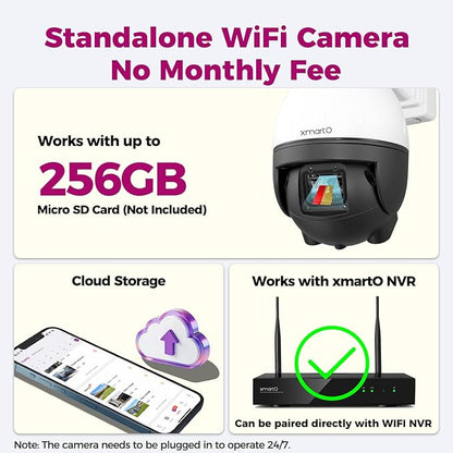 xmartO High-end 4K Wireless WiFi 6 PTZ Security Camera for Home & Business, 24/7 AI Tracking Surveillance, IR Night Vision & Flood Lights, 2-Way Audio Vandal-Proof Metal Dome CAM, View on Apps & NVR