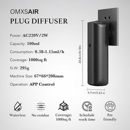 Waterless Wall Plug in Diffuser - Coverage 700 Sq.FT - Nanotechnology Plug in Scent Diffuser for Essential Oils- for Hotel and Home or Office - Smart Bluetooth APP Operation(Black)