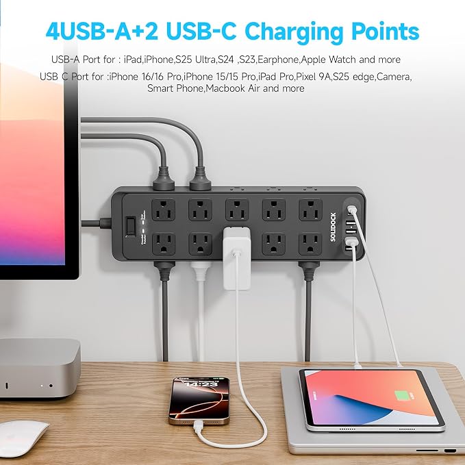 20AC Power Strip with USB Ports, Heavy Duty Surge Protector Power Strip 15 Amp, 6Ft Extension Cord with Multiple Outlets (Black, 6.5FT)