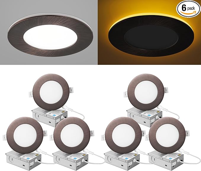 ZYC Recessed Lighting 4 Inch - 9W 800LM LED Recessed Ceiling Light with Night Light,2700K/3000K/4000K/5000K/6000K Selectable Ultra-Thin Lighting,Dimmable Canless Wafer Downlight,Pack of 6（Bronze）.