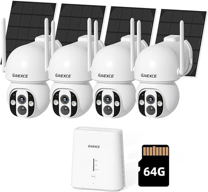 Solar Camera Outdoor Wireless, No Subscription, Expandable to 10CH, 4 Cam Kit Home Security Camera System, 4MP Color Night Vision, 360° Pan&Tilt, PIR/AI Detection, Works Offline & 2.4G/5G WiFi