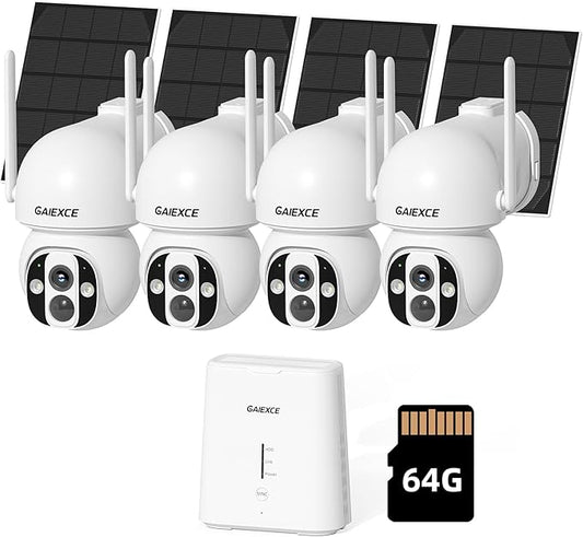 Solar Camera Outdoor Wireless, No Subscription, Expandable to 10CH, 4 Cam Kit Home Security Camera System, 4MP Color Night Vision, 360° Pan&Tilt, PIR/AI Detection, Works Offline & 2.4G/5G WiFi