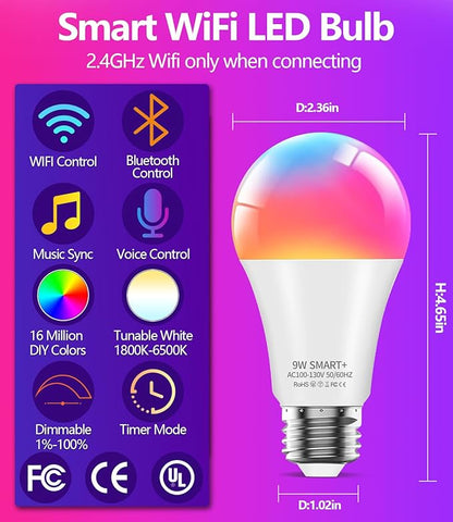 luckystyle Smart Light Bulbs, 9W A19 E26 800LM WiFi Bluetooth LED Bulbs Compatible with Alexa, Google Assistant & Home, 16 Million Colors Music Sync Color Changing Dimmable RGBWW Lights Bulb (2)