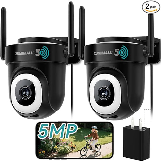 ZUMIMALL 2K 3MP Wired Outdoor Camera, 2.4G/5G WiFi Security Camera, 24/7 Recording, AI Motion Detection, Cloud & SD Card Storage, 2-Way Audio, 360° PTZ Auto Tracking, Work with Alexa - 2-Pack (Black)