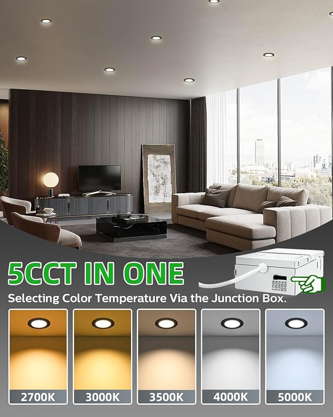 zouzai 1 Pack 4 Inch Black 5CCT Ultra-Thin LED Recessed Ceiling Light with Junction Box, 2700K/3000K/3500K/4000K/5000K Selectable, 9W Eqv 80W, Dimmable led can Lights - ETL and Energy Star Certified