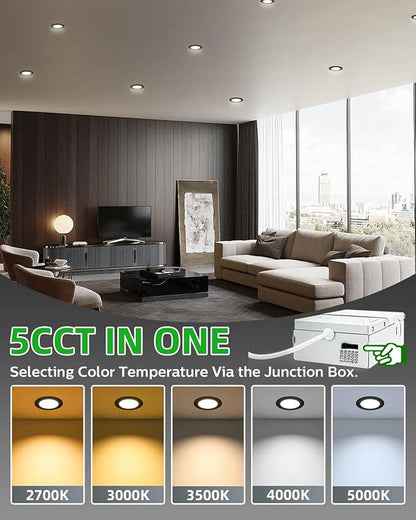 zouzai 24 Pack 4 Inch Black 5CCT Selectable Ultra-Thin LED Recessed Ceiling Light with Junction Box,9W Eqv 80W, Dimmable, led can Lights - ETL and Energy Star Certified