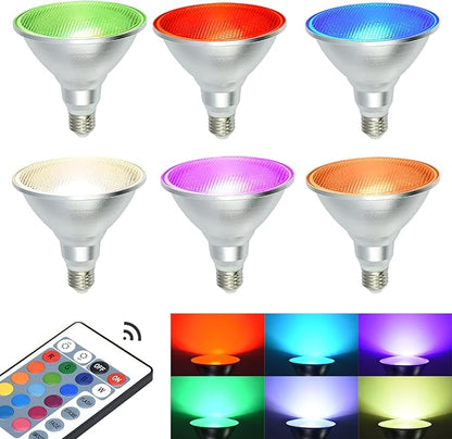 2 Pack RGB PAR38 Flood Light Outdoor with Remote, 30W=90W, Waterproof LED Color Changing Light Bulbs, 3000K Warm White, 1800lm, Christmas Party Decor Dimmable Lamp