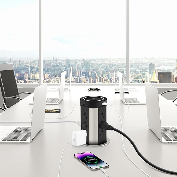 HEZI 4" Pop Up Countertop Outlet with 15W Wireless Charger, Max 45W Power Delivery,15A Tamper Resistant 1200J Surge Protection, Pop Up Electrical Receptacle with 12AC 2 USB-A 2 USB-C for Home Office