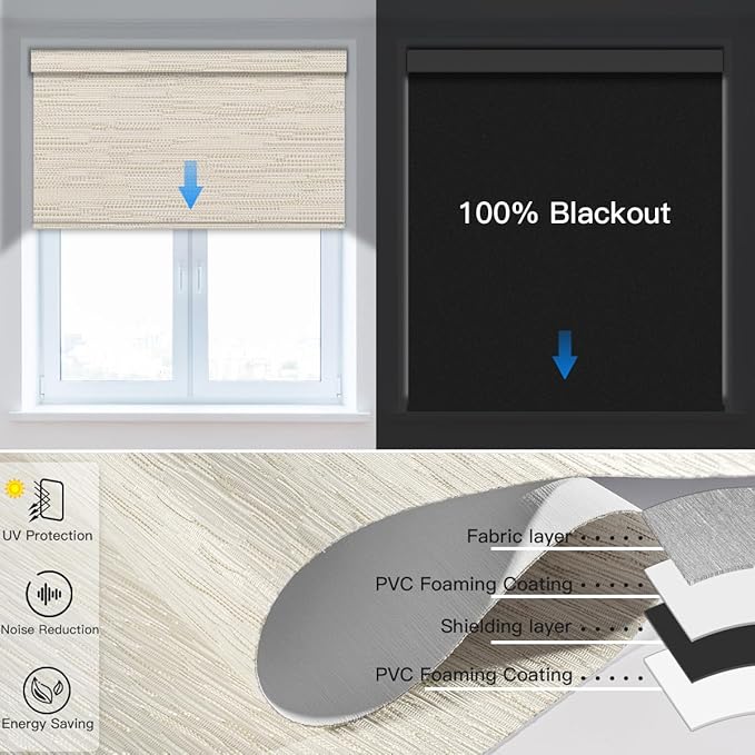 Tokblind Motorized Blackout Roller Shade Fabric Covered Valance and Bottom Rod, Remote Control Electric Window Blind Work with Alexa Google via Hub, Custom Size (Texture Light Coffee - Wrapped Fabric)